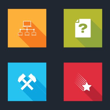 Bilgisayar ağını, bilinmeyen belgeyi, çaprazlanmış iki çekiç ve kayan yıldız simgesini ayarla. Vektör.