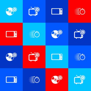 CD veya DVD disk ayarlarını, TV 'yi, mikrodalga fırını ve Stopwatch simgesini ayarla. Vektör.