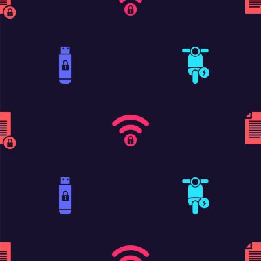 Elektrikli scooter, USB flash bellek kilitlendi, Wifi kilitlendi ve belgelendi. Vektör.