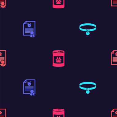 Tasma, köpek ya da kedi sertifikası, konserve yiyecekler ve kusursuz desenler. Vektör.