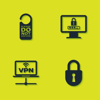 Ayarlayın Lütfen rahatsız etmeyin, Lock, VPN Bilgisayar ağı ve parola simgesi ile Monitör. Vektör.