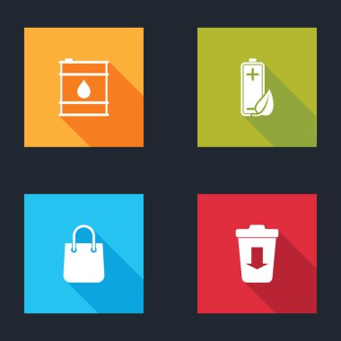 Petrol varili, çevre yaprağı ve pil, alışveriş torbası ve çöp ikonuna gönder. Vektör.