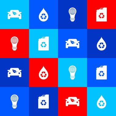 Eko araba sürücüsünü yaprak, temiz su geri dönüşümü, ampul dünya küresi ve yakıt kutusu ikonu ile ayarlayın. Vektör.