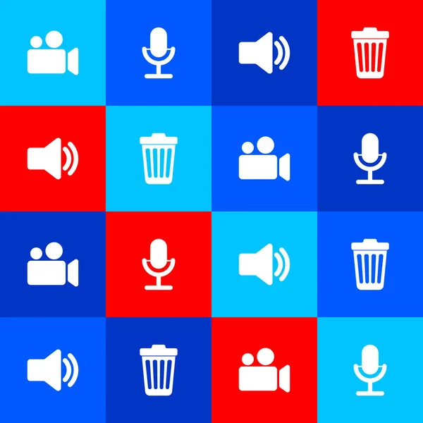 Set Movie or Video camera, Microphone, Speaker volume and Trash can icon. Vector.