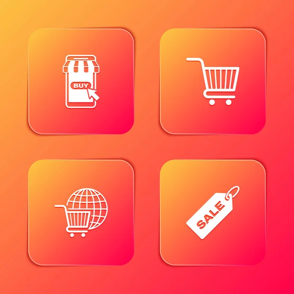 Set Mobile Shopping Cart Shopping Globe Price Tags Sale Icon — стоковый вектор