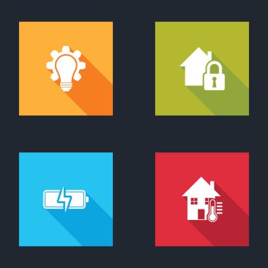 Ampul ve teçhizatı ayarla, ev koruma altında, pil ve sıcaklık ikonu. Vektör.