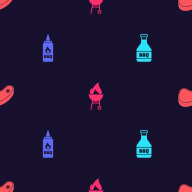 Ketçap şişesi, ızgara ızgara ve bifteği dikişsiz desene ayarlayın. Vektör.