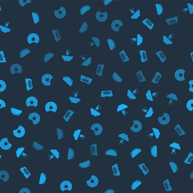 Taco 'yu tortilla, Nachos' u tabakta, pizza karton kutusunu ve donutu kusursuz desende hazırla. Vektör.