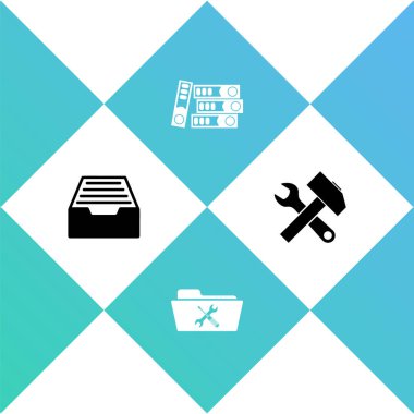 Belgeler, dizin servisi, ofis klasörleri ve çapraz çekiç ve anahtar simgesini içeren çekmeceyi ayarla. Vektör.