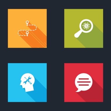 Rotayı ayarla, mikroorganizmaları büyüteç altında tut, İnsan baş servisi ve konuşma balonu sohbet simgesi. Vektör.