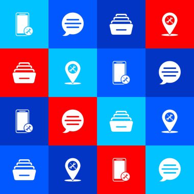 Mobil servisi, konuşma balonu sohbetini, belgeli çekmece ve konum simgesini ayarla. Vektör.