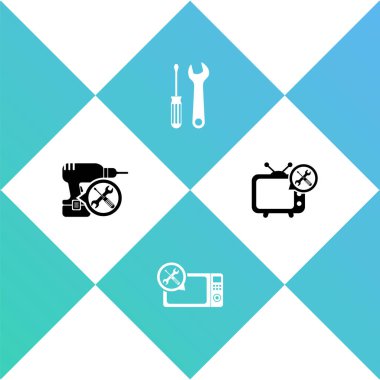 Matkap, mikrodalga fırın, tornavida, anahtar ve televizyon simgesini ayarla. Vektör.