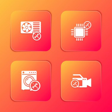 Klima servisini, işlemciyi, çamaşır makinesini ve video kamera simgesini ayarla. Vektör.
