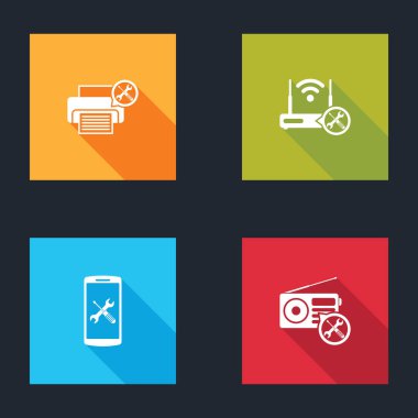 Yazıcı servisini, Router kablosuz bağlantısını, akıllı telefon ve radyo simgesini ayarla. Vektör.