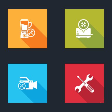 Blender servisi, Toaster, Video kamera ve çapraz tornavida ve anahtar simgesini ayarla. Vektör.