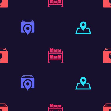 Yer Tutucu 'yu haritada, yeri karton kutuyla, Depo' yu ve Teslimat 'ı sorunsuz bir şekilde ayarlayın. Vektör.