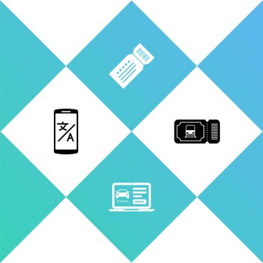 Çevrimiçi çevirmen, araba paylaşımı, bilet ve tren bileti simgesi ayarla. Vektör.