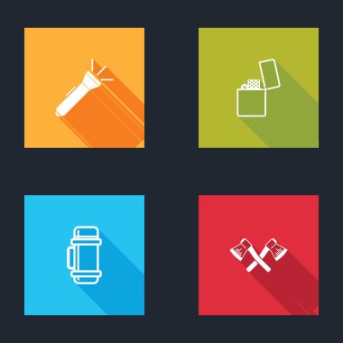 El fenerini, çakmağı, termos kabını ve çapraz ahşap balta simgesini ayarla. Vektör.