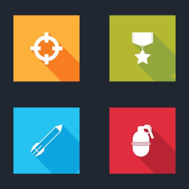 Hedef sporu, askeri ödül madalyası, roket ve el bombası ikonu. Vektör.