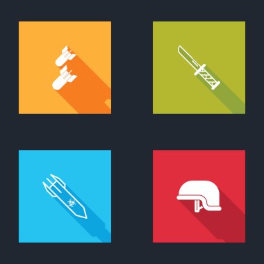 Havacılık bombası, askeri bıçak, biyolojik tehlike roketi ve miğfer ikonu. Vektör.