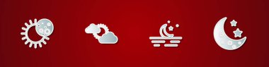 Güneş tutulması, güneş ve bulut havası, ay yıldızları ve ikon. Vektör.