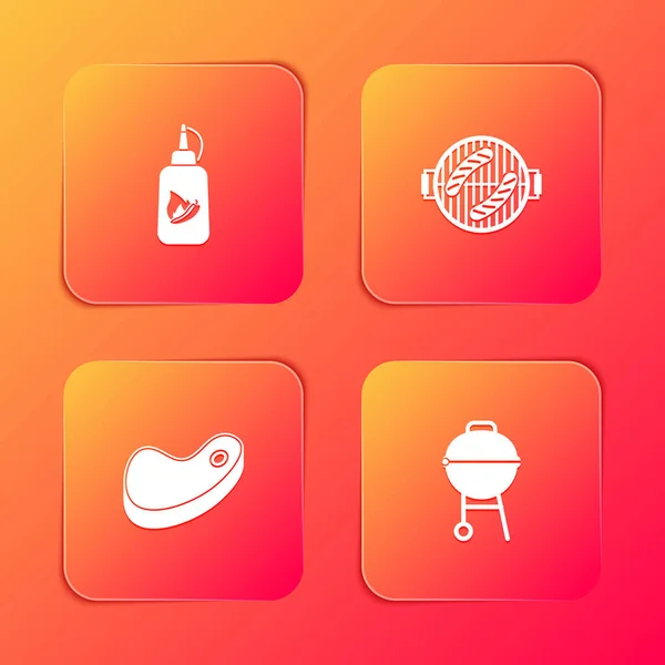 Set Ketchup Bottle Barbecue Grill Sausage Steak Meat Icon Vector — Stock Vector