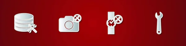 Setzen Sie Datenbank Server Service Fotokamera Armbanduhr Und Schraubenschlüssel Symbol — Stockvektor