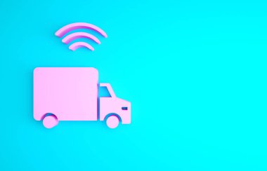 Mavi arka planda kablosuz bağlantı ikonu olan Pink Smart kargo kamyonu aracı. Minimalizm kavramı. 3d illüstrasyon 3B canlandırma.