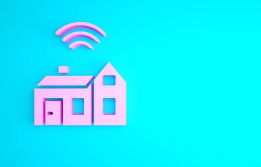 Mavi arka planda kablosuz ikonu olan Pink Smart evi. Uzaktan kumanda. İnternet kavramının kablosuz bağlantısı. Minimalizm kavramı. 3d illüstrasyon 3B canlandırma.