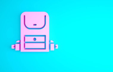 Pembe Yürüyüş sırt çantası simgesi mavi arkaplanda izole edildi. Kamp ve dağ gezisi sırt çantası. Minimalizm kavramı. 3d illüstrasyon 3B canlandırma.
