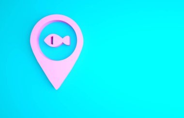 Pembe Konum balıkçılık ikonu mavi arka planda izole edildi. Balıkçılık yeri. Minimalizm kavramı. 3d illüstrasyon 3B canlandırma.