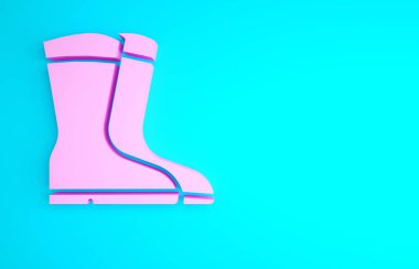 Mavi arka planda izole edilmiş pembe balıkçı botları simgesi. Su geçirmez lastik bot. Yağmurlu hava, balıkçılık, avcılık, bahçe işleri için çizme. Minimalizm kavramı. 3d illüstrasyon 3B canlandırma.