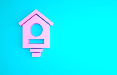 Pembe kuş evi simgesi mavi arkaplanda izole edilmiş. Yuva kutusu kuş evi, kuşlar için ev yapımı bina. Minimalizm kavramı. 3d illüstrasyon 3B canlandırma.