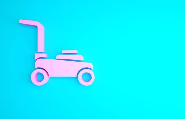 Mavi arkaplanda pembe çim biçme makinesi simgesi izole edildi. Çim biçme makinesi çim biçiyor. Minimalizm kavramı. 3d illüstrasyon 3B canlandırma.