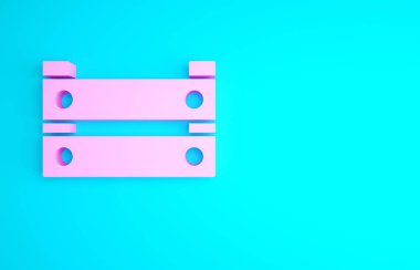 Mavi arkaplanda izole edilmiş pembe tahta kutu simgesi. Market sepeti, depo sandığı. Sebzeler ve ürünler için boş ahşap kap. Minimalizm kavramı. 3d illüstrasyon 3B canlandırma.