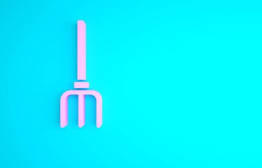 Pembe bahçe yabası ikonu mavi arka planda izole edilmiş. Bahçe çatalı işareti. Bahçecilik, tarım, çiftçilik aleti. Minimalizm kavramı. 3d illüstrasyon 3B canlandırma.