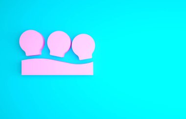 Mavi arka planda izole edilmiş pembe süpürge kutusu simgesi. Yüz ve vücut için masaj kavanozları. Tıbbi antidepresan bardaklar. Minimalizm kavramı. 3d illüstrasyon 3B canlandırma.