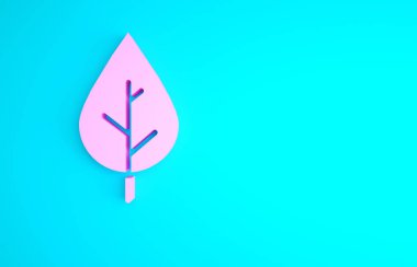 Pembe Yaprak simgesi mavi arkaplanda izole edildi. Taze doğal ürün sembolü. Minimalizm kavramı. 3d illüstrasyon 3B canlandırma.