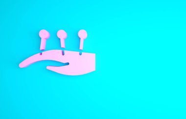 Mavi arka plandaki el ikonunda pembe akupunktur terapisi. Çin ilacı. Holistik ağrı kontrol tedavileri. Minimalizm kavramı. 3d illüstrasyon 3B canlandırma.
