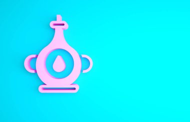 Mavi arka planda izole edilmiş pembe yağ şişesi simgesi. Minimalizm kavramı. 3d illüstrasyon 3B canlandırma.