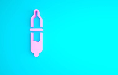 Pembe Pipette simgesi mavi arkaplanda izole edilmiş. Tıbbi elementler, kimya laboratuarı ekipmanları. Damlalı boru. Tıp sembolü. Minimalizm kavramı. 3d illüstrasyon 3B canlandırma.