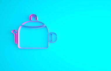 Mavi arka planda ikonu olan pembe çaydanlık. Çaydanlık ikonu. Minimalizm kavramı. 3d illüstrasyon 3B canlandırma.