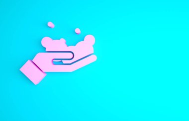 Mavi arka planda sabun ikonu olan pembe yıkama elleri. Virüs ve bakterileri önlemek için ellerini sabunla yıkıyorsun. Minimalizm kavramı. 3d illüstrasyon 3B canlandırma.