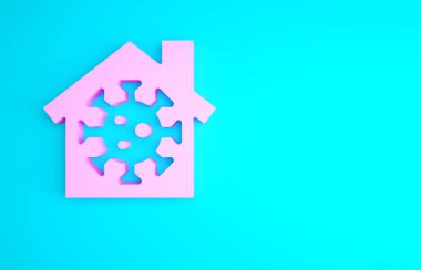 Pembe Ev ikonu mavi arkaplanda izole edilmiş. Corona virüsü 2019-nCoV. Minimalizm kavramı. 3d illüstrasyon 3B canlandırma.