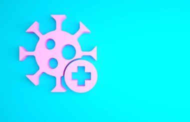 Pembe Pozitif virüs ikonu mavi arkaplanda izole edilmiş. Corona virüsü 2019-nCoV. Bakteri ve mikroplar, hücre kanseri, mikrop, mantar. Minimalizm kavramı. 3d illüstrasyon 3B canlandırma.