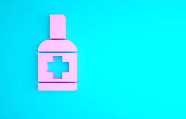 Mavi arka planda izole edilmiş şeker ikonu içeren pembe bir şişe antibakteriyel sabun. Antiseptik. Dezenfeksiyon, hijyen, cilt bakımı. Minimalizm kavramı. 3d illüstrasyon 3B canlandırma.
