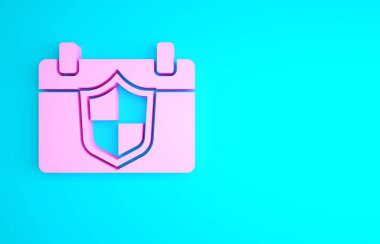 Mavi arkaplanda izole edilmiş kalkan simgesi olan pembe takvim. Sigorta konsepti. Gardiyan. Güvenlik, güvenlik, koruma, gizlilik kavramı. Minimalizm kavramı. 3d illüstrasyon 3B canlandırma.
