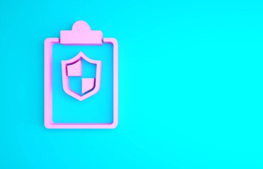 Mavi arkaplanda izole edilmiş kalkan simgesine sahip pembe belge. Sigorta konsepti. Güvenlik, güvenlik, koruma, konsept koruma. Minimalizm kavramı. 3d illüstrasyon 3B canlandırma.