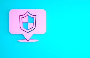 Pembe Konum Kalkanı simgesi mavi arkaplanda izole edildi. Sigorta konsepti. Gardiyan. Güvenlik, güvenlik, koruma, gizlilik kavramı. Minimalizm kavramı. 3d illüstrasyon 3B canlandırma.