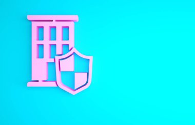 Mavi arka planda izole edilmiş simgesi olan Pembe Ev. Sigorta konsepti. Güvenlik, güvenlik, koruma, konsept koruma. Minimalizm kavramı. 3d illüstrasyon 3B canlandırma.